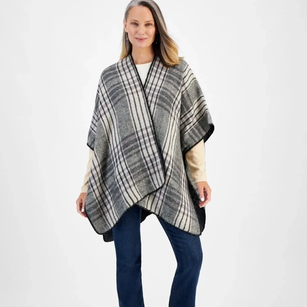 NWT Style & Co Women's Classic Plaid Reversible Wrap Black
